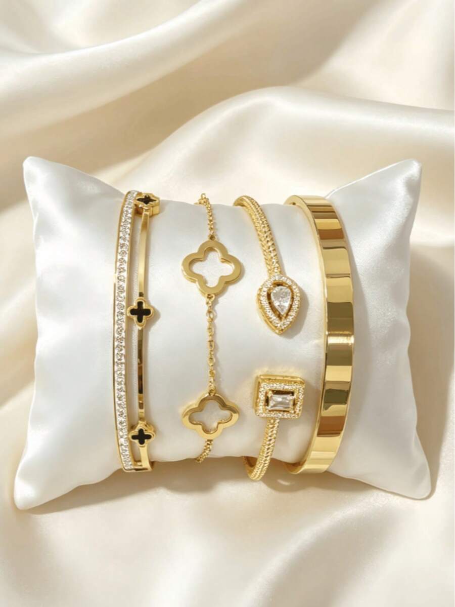 4PCS/1PC Clover Multi-Layer Stackable Bracelet Set, Women's Daily Party Jewelry, Non-Fading Stainless Steel Bangle - Gold - View 1