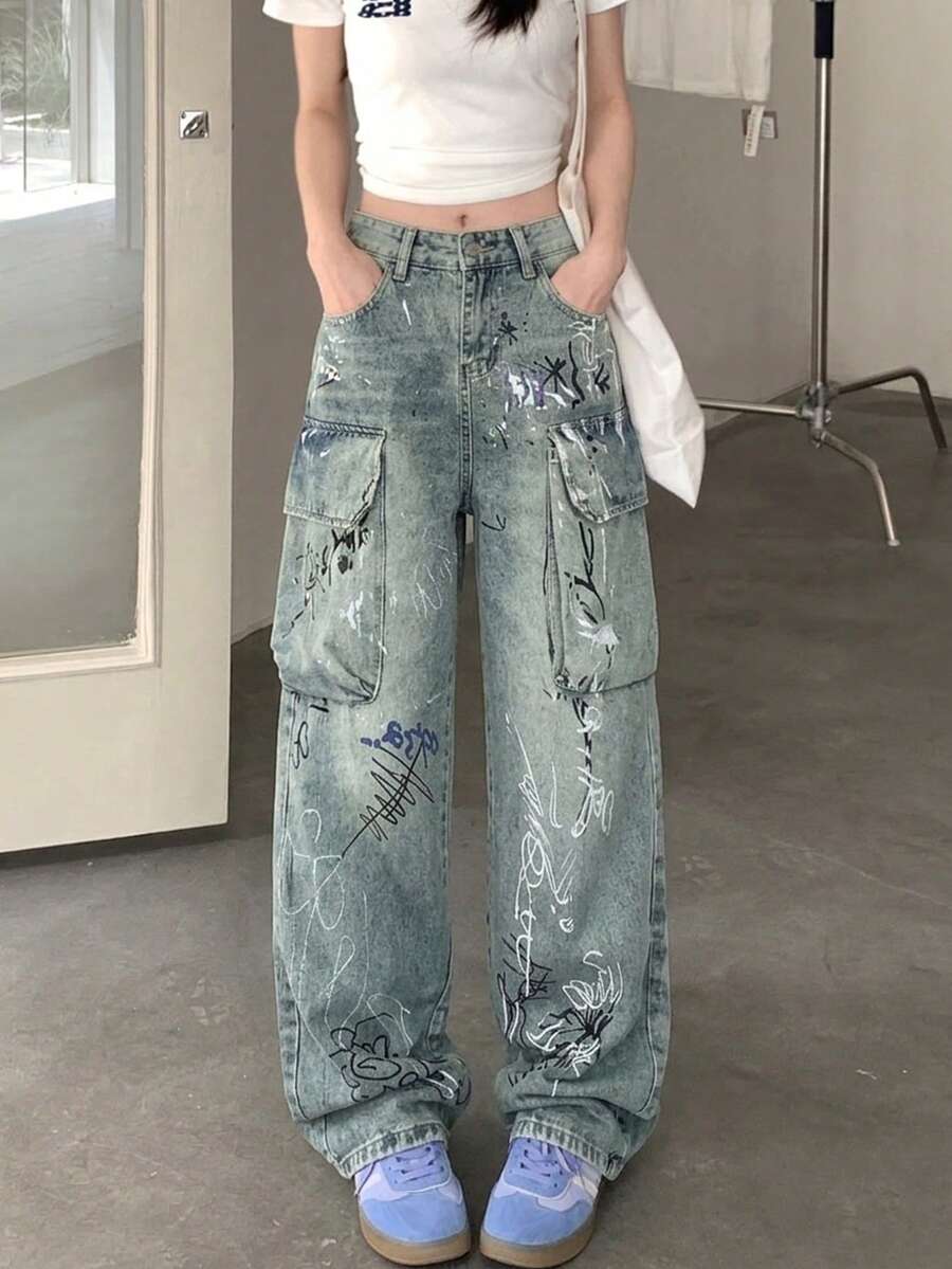 Celana Jeans Kargo Wanita Model Longgar Kasual dengan Motif Grafiti Acak untuk Musim Gugur - Biru - View 1