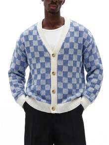 YONGC Men's Autumn/Winter New Fashion V-Neck Long Sleeve Button-Up Contrast Color Checkerboard Knit Cardigan, Minimalist Casual Versatile Commute Checkerboard Knit Top, Street American Retro Relaxed Style - Blue and White - View 8