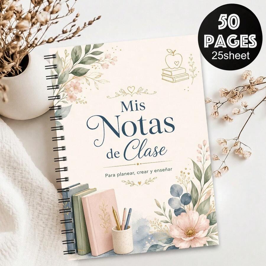 1PC A5 Spanish Mis Notas De Clase Floral Spiral Notebook, 50 Pages/25 Sheets, Teacher Journal For Lesson Planning, Classroom Notes, Teaching Organization And Daily School Office Use - A5 - View 1