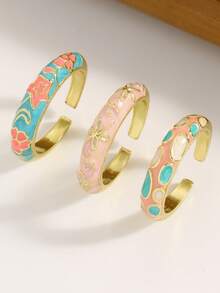 6pcs/1pc Elegant Vintage Colorful Oil Drop Pattern Enamel Ring Set, Personalized Fashion Fairy Style Women's Open Ring Jewelry Set, Suitable For Daily Wear, Party, Vacation, Casual, Date, Holiday, Gift For Friends, Family, Couples - Multicolor - View 6