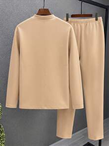 Men's Plus Size Pullover Sweatshirt Set, Autumn Solid Color Long Sleeve Pants 2 Pieces Set, Single-Breasted Design Casual Plus Size Men's Wear - Apricot - View 3