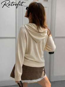 Women's Hooded Cardigan Long Sleeve Button Loose Jacket, Casual Soft Skin-Friendly Drawstring Hood Design Daily Commute Outerwear - Apricot - View 2