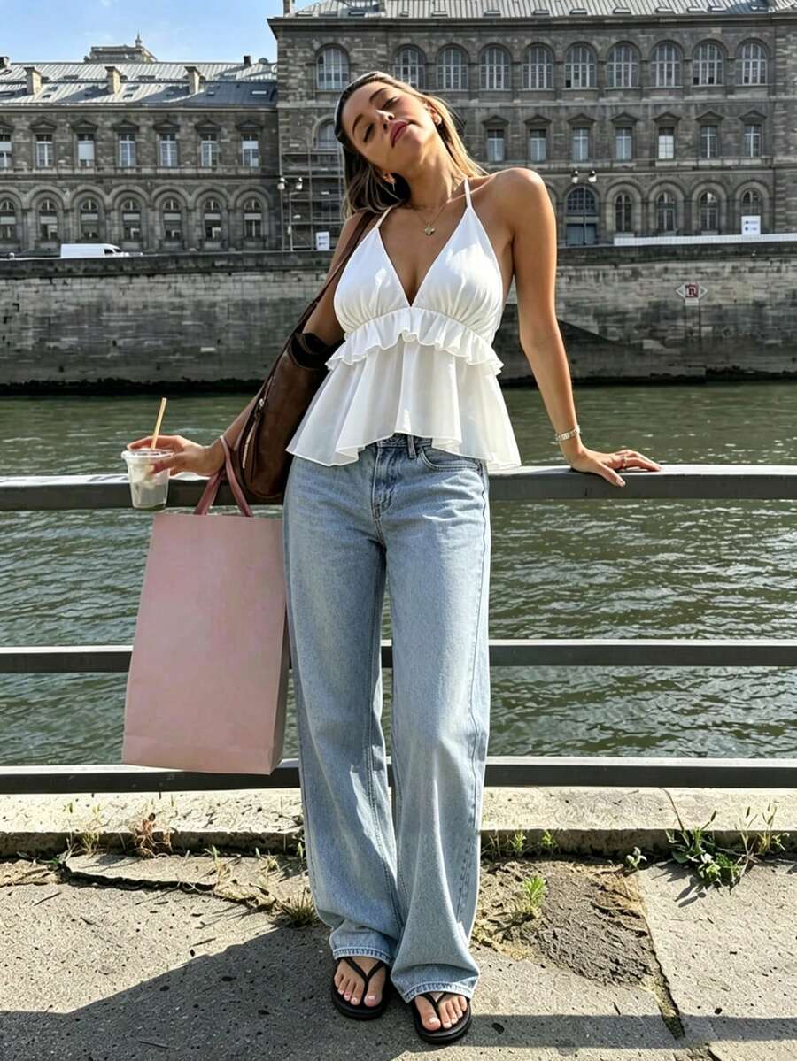 Blusa de verano para mujer de unicolor, con escote en V profundo, ribete de volantes y espalda descubierta, color blanco, de uso casual - Blanco - Ver 1