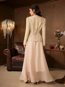 Bộ 2 món áo khoác tweed đính sequin thanh lịch cho nữ và chân váy dài, cổ tròn, viền tương phản đính cúc, phù hợp đi làm hàng ngày, văn phòng, tiệc tùng, chất liệu mềm - Màu be - Xem 11