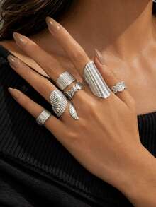 304 Stainless Steel Geometric Multi-Style Combination Ring Set - Geometric 6-piece - View 1
