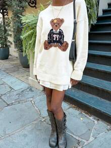 Plus Size Women's Round Neck Thick Knit Sweater, Cute Teddy Bear Pattern Drop Shoulder Long Sleeve Pullover, Casual Autumn/Winter Sweater - White - View 3