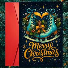1 Greeting Card + 1 Envelope Elegant Christmas Greeting Card, Ice Skates With Pine Cones Merry Christmas, Suitable For Friends, Winter Holiday Artistic Style Card. - Single Piece - View 9