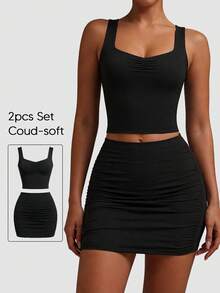 Women's Solid Color Ruched Bodycon Camisole And Mini Skirt Set - Black - View 9