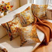 4pcs Autumn Landscape Decorative Pillow Covers, Watercolor Birch Forest Maple Leaf Lake Path Print Pattern, Single-Sided Printed Pillow Covers/Cushion Covers, Multi-Scene Atmosphere Decorative Pillow Covers Suitable For Living Room Sofa Bedroom, Pillow Inserts Not Included - Multicolor - View 10
