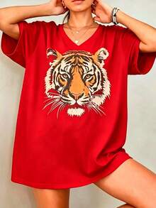 Vintage Tiger Tee - Retro Animal  T-Shirt, 90s Animal Gift For Tiger Lover, Wild Cat Shirt, JungleTiger Graphic Tee220G Heavyweight1830% CottonT-Shirt - 紅色A - 查看 2