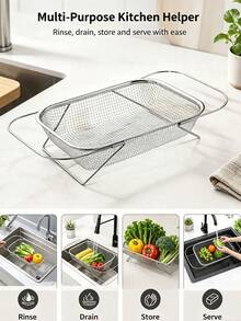 1pc Stainless Steel Over-The-Sink Colander Strainer Basket, Expandable Over-The-Sink Colander Basket, Expandable Rectangle Fine Mesh Kitchen Utensils With Handles Silver 4-In-1 Practical Kitchen - One Size - View 3