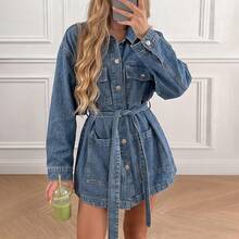 Blaues Denim-Jacke mit geraffter Taille, mittlerer Waschung, Mehrfach-Taschen, Retro-Hongkong-Stil, locker, mittellang, vielseitig, lässig - Mittele Waschung - Übersicht 5