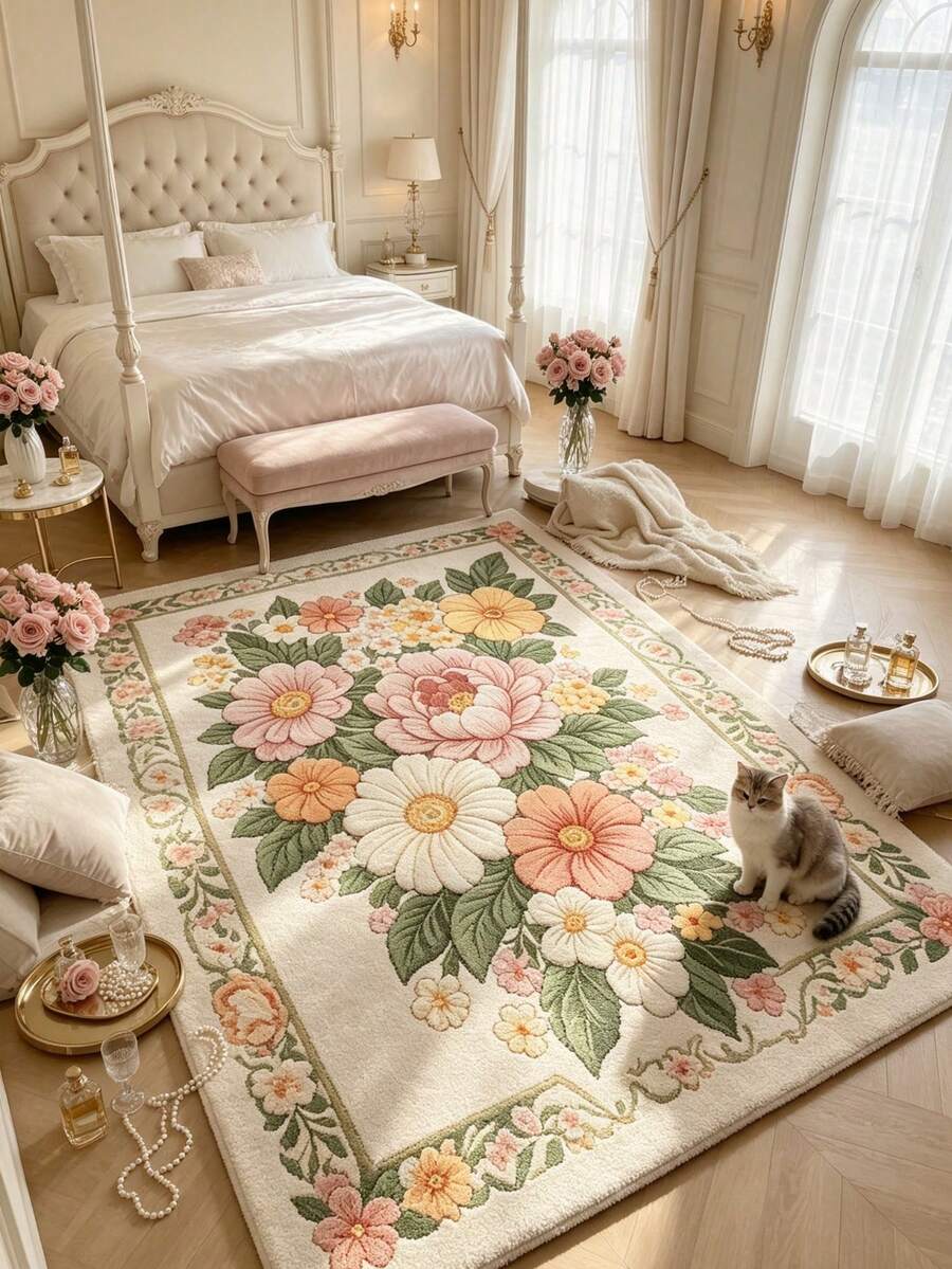 1pc Beige Floral Living Room Rug, Thickened Rug, Thick Rug, Plush Rug, Autumn/Winter Rug, Thickened Rug, Living Room Rug, Rug, Living Room Area Rug, Area Small Rug, Mat, Home Decor, Large Living Room Rug, Round Rug, Living Room Home Decor, Room Decor, Washable Rug - Multicolor - View 1