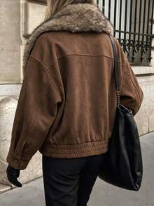 Luxury Suede Oversized Wool Coat Women Lapel Faux Fur Long Sleeve Daily Fall Winter Fashion - Coffee Brown - View 5