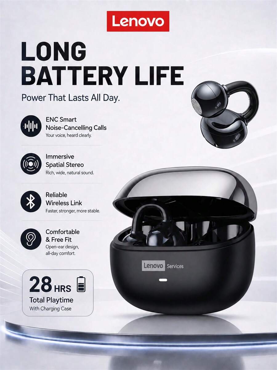 Lenovo LE302 藍牙耳夾式開耳式耳機，全景音效、立體環繞聲、高品質音訊、低延遲，適用音樂、遊戲、ENC 降噪、HD 通話，無線耳機，兼容智慧型手機與電腦
