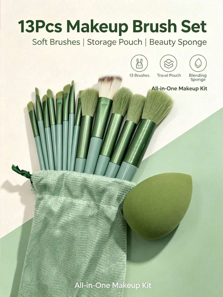 14pcs Makeup Brush Set, Includes 13 Individual Makeup Brushes, Suitable For Blush, Liquid Lipstick, Eyebrow Pencil, Lip Gloss, Concealer, Eyeshadow, Highlighter, Contour, Foundation And Base, Perfect Gift For Girls. - Green - View 1