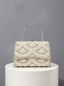 1pc Beige Heavy Embellished Pearl & Rhinestone Handheld Evening Bag, Fan-Shaped Beaded Pattern, Metal Ring Handle, Flap Design, Bridal Dress Bag, Wedding Banquet Party, Can Be Paired With Chain Crossbody - Beige - View 6