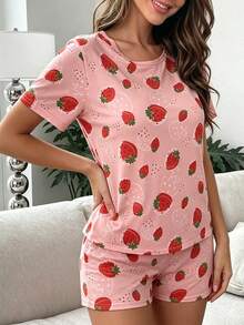 2pcs Strawberry Print T-Shirt Pajama Set, Cute Fruit Print Loungewear For Summer, Suitable For Home Wear - Watermelon Pink - View 4