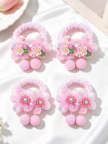 4pcs Girls Pink Flower Pom Pom Pendant Cute Hair Ties Suitable For Daily Use - Multicolor - View 7