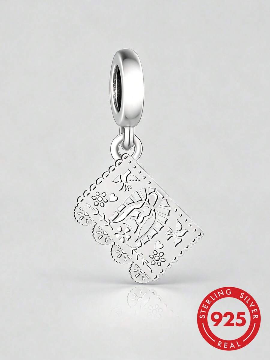 HuooNew 1pc S925 Sterling Silver Mexican Paper-Cut Style Hollow Pendant, Folk Style Angel Bird Floral Pattern Lace Beaded DIY Bracelet Accessory - Silver - View 1