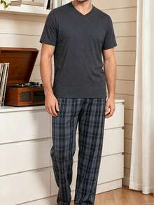 Men's Summer Pajama Set, Round Neck Solid Color Short Sleeve Top And Plaid Long Pants Loungewear - Multicolor - View 5