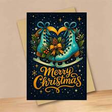 1 Greeting Card + 1 Envelope Elegant Christmas Greeting Card, Ice Skates With Pine Cones Merry Christmas, Suitable For Friends, Winter Holiday Artistic Style Card. - Single Piece - View 6