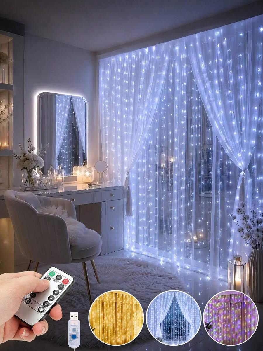 200/300 LED 燈串燈簾，USB供電，8種照明模式，附遙控器定時器，銅線懸掛燈，窗戶展示裝飾燈，適用於臥室、婚禮、節日派對、居家氛圍裝飾