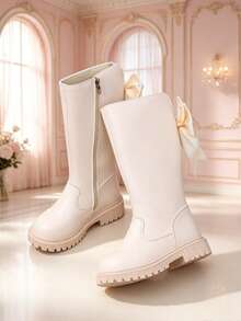 1 Pair White Girls' Pearl Bow High-Top Riding Boots, Soft PU Thick Sole Height-Increasing Inner Zipper Design, Fashionable Cute Princess Style Long Boots, Suitable For Daily School, Holiday, Party, Autumn/Winter New - White - View 5