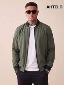 AHTELB Men's Spring/Autumn Jacket, Solid Color Long Sleeve Outerwear, Varsity Baseball Collar Jacket, Jacket For Men Men Jacket Sports - Green - View 2