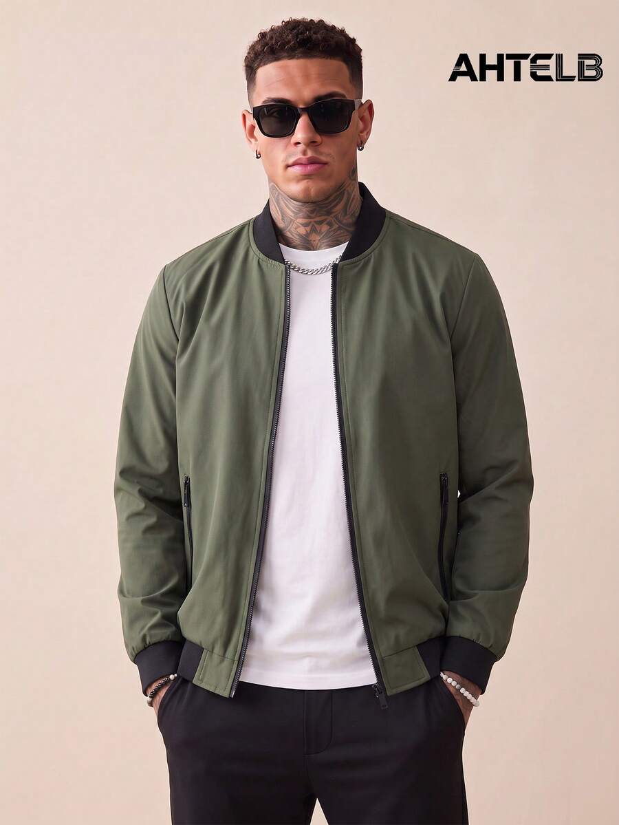AHTELB Men's Spring/Autumn Jacket, Solid Color Long Sleeve Outerwear, Varsity Baseball Collar Jacket, Jacket For Men Men Jacket Sports