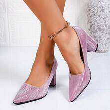 Women's Shiny Textured Pointed Toe Low Vamp Chunky Heel Slimming High Heel Pumps For Dating, Party, Versatile Formal Occasions - Purple - View 3