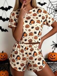 Set 2 pcs Minimalis Motif Hantu Halloween, Pakaian Santai Longgar Rajut, Atasan Lengan Panjang dan Celana Pendek Belahan Samping, Cocok untuk Digunakan di Rumah - Aprikot - View 1