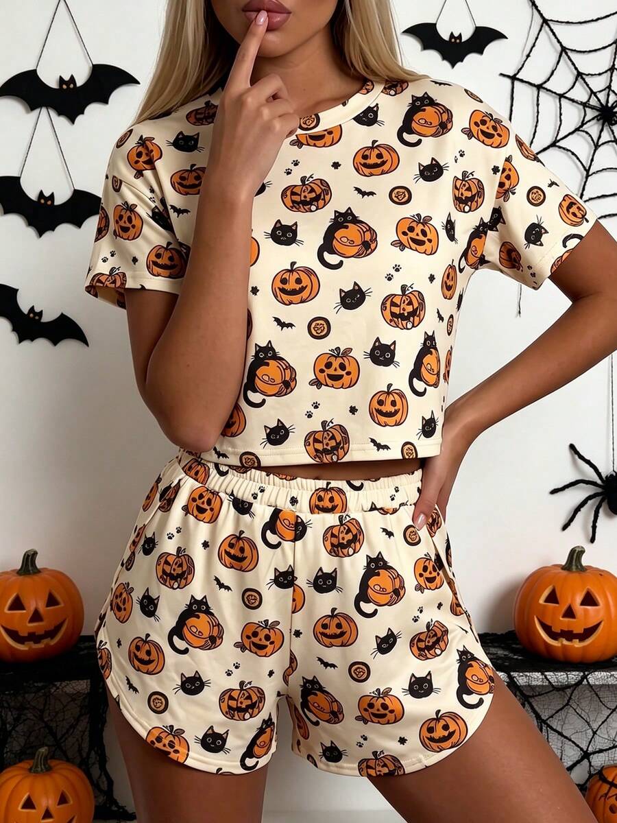 Set 2 pcs Minimalis Motif Hantu Halloween, Pakaian Santai Longgar Rajut, Atasan Lengan Panjang dan Celana Pendek Belahan Samping, Cocok untuk Digunakan di Rumah - Aprikot - View 1