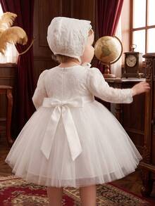 Baby Girls' White Long Sleeve Dress With Hat, Perfect For Flower Girl Wedding - White - View 6
