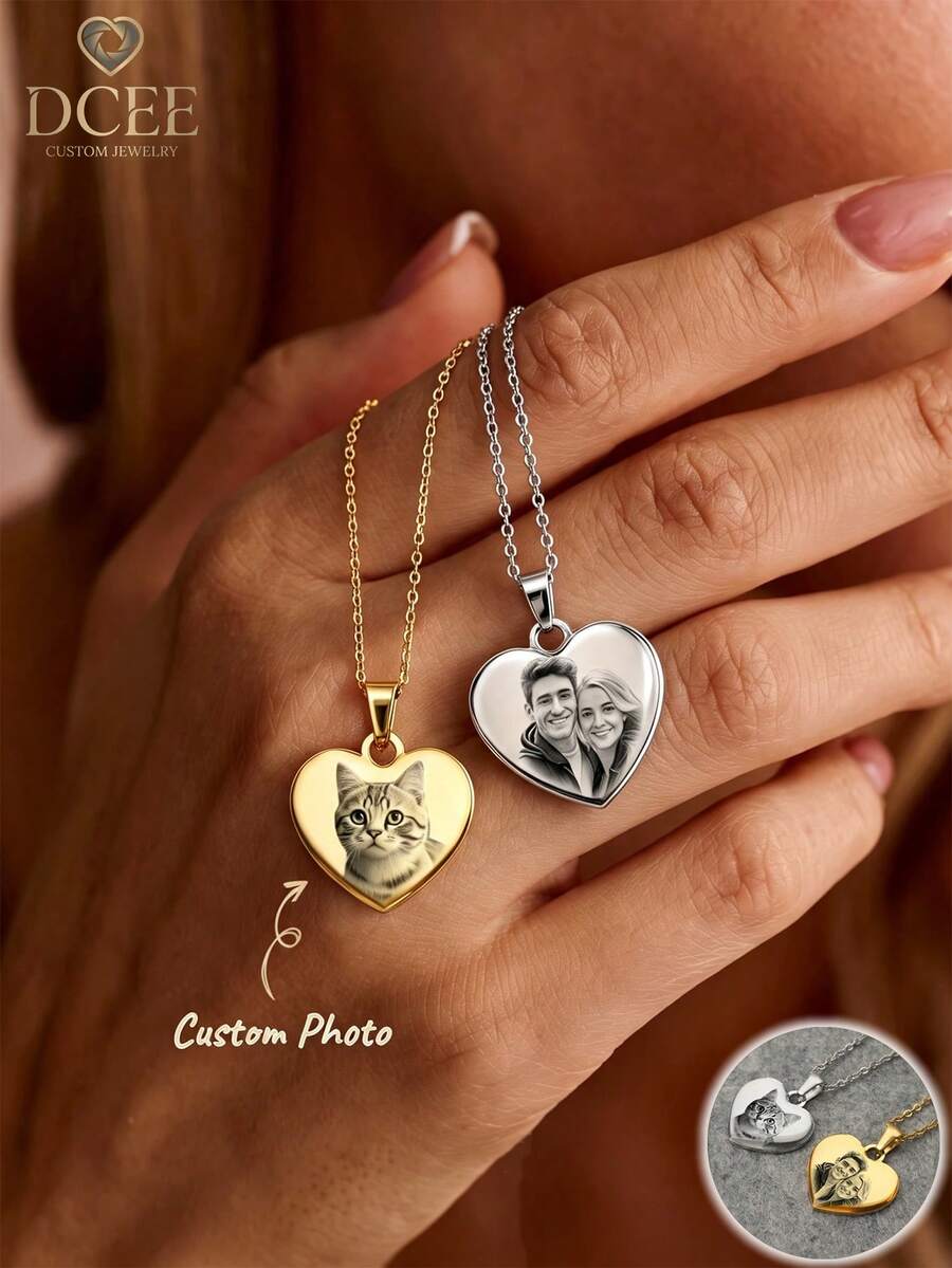 Collar con foto en forma de corazón personalizado, relicario de acero inoxidable con foto personalizada y cadena - collar de fotos - Ver 1