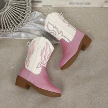 Girls' Glitter Embroidered Patchwork Western Cowboy Boots - Pink - View 5