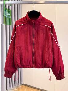 Women's American Retro Red Casual Sports Jacket, Minimalist Street Style, Design-Driven White Stripes, Drawstring Hem, Youthful Fashion, Sports Commute, Daily Versatile - Red - View 5