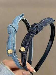 2/1pc Vintage Denim Bow Headband, Thin Edge Toothed Non-Slip Face Washing Headband, Suitable For Daily Commute, Work, School And Other Occasions - Multicolor - View 4