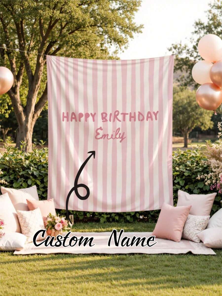 Customizable Name Striped Happy Birthday Backdrop, Personalized Bohemian Style Birthday Wall Decor, Indoor/Outdoor Use, Birthday Party Cake Smash Background Decoration Photography Banner, Polyester Material - D - View 1