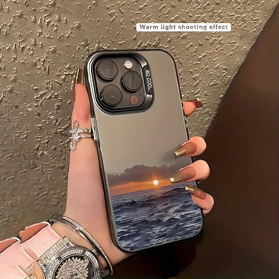 1pc Black Matte IMD Colorful Silver Laser Personalized Ocean Sunset Oil Painting Pattern Phone Case Compatible With IPhone 16 Pro Max/17/16/15/14 Plus/13/12/11/Air And Series - Multicolor - View 1