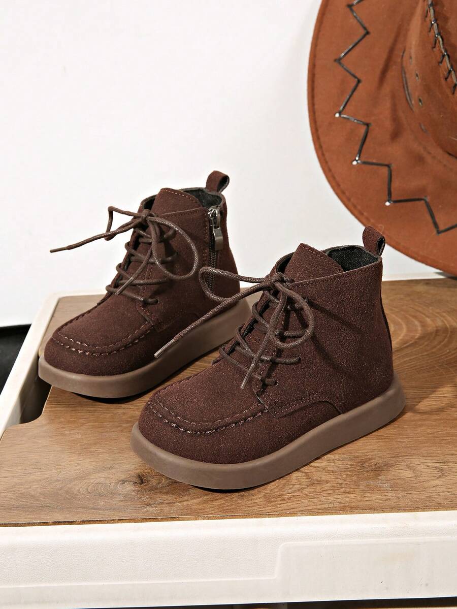 1 Pair Flat Children's Ankle Boots, Lace-Up Kids Boots, Brown Yellow, New Autumn/Winter Ankle Boots, PU Leather Children's Boots, Fashionable Outdoor Kids Shoes, Children's Boots, Boys' Shoes, Girls' Ankle Boots - Brown - View 1