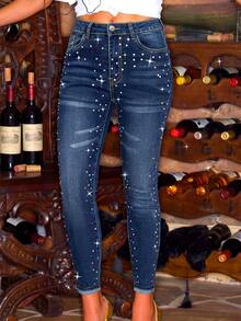 Heavy Embellished Rhinestone Fashion Versatile Washed Skinny Jeans Cropped Pants Casual Fall - Dark Wash - View 3