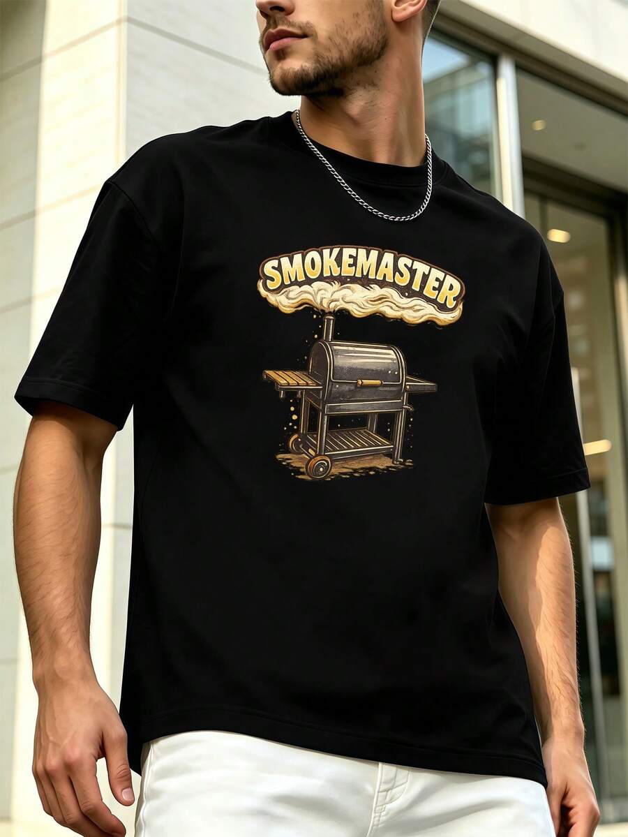 T-Shirt Da Uomo Con Grafica BBQ Smoker, 100% Cotone, Vestibilità Comoda, Casual, Stampa Artistica - Black - View 1