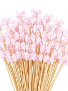 50pcs Pink/Red Bow Cocktail Pick Appetizer Ribbon Bow Toothpick Ribbon Decorations For Fruit Dessert, Drink Stirrers For Wedding Party Shower, Ballerina Sandwich Skewers Bul - Bow - View 10