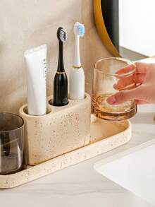 Faux Limestone Toothbrush Holder, Luxury Bathroom Hotel Toothpaste Electric Toothbrush Storage Rack. Home Bathroom Toothpaste Toothbrush Cotton Swab Storage Organizer, Makeup Brush Holder Pen Holder, Home Storage. - Multicolor - View 3