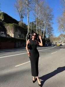 Women's Summer Diamond Sleeveless Dress - Black - View 2