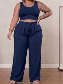 Calça Pantalona Plus Size Feminina Elástico Na Cintura Com Bolso Cintura Alta Tecido Duna - Azul Marinho - Visão 2