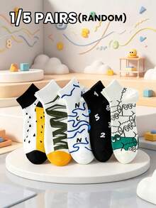 1/5 pares de calcetines para hombres y adolescentes, multicolor aleatorio, para todas las estaciones, con patrón de rana de garabato de línea digital, moda personalizada versátil, suaves, cómodos y transpirables, calcetines cortos casuales para deportes y streetwear - Multicolor - Ver 15