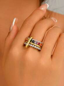 1pc European And American Luxury Style Colorful Zirconia Inlaid Cross Stacked Design Fashion Personalized Ring For Women, Wedding, Party, Vacation, Gift Accessory - Multicolor - View 2